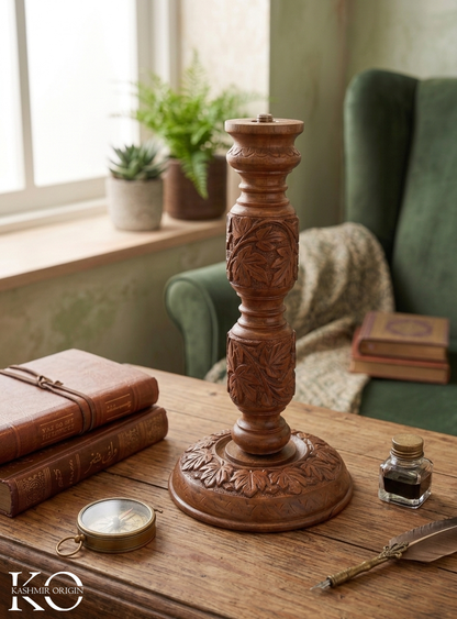 Kashmiri Handcrafted Walnut Wood Table Lamp (Without Shade)