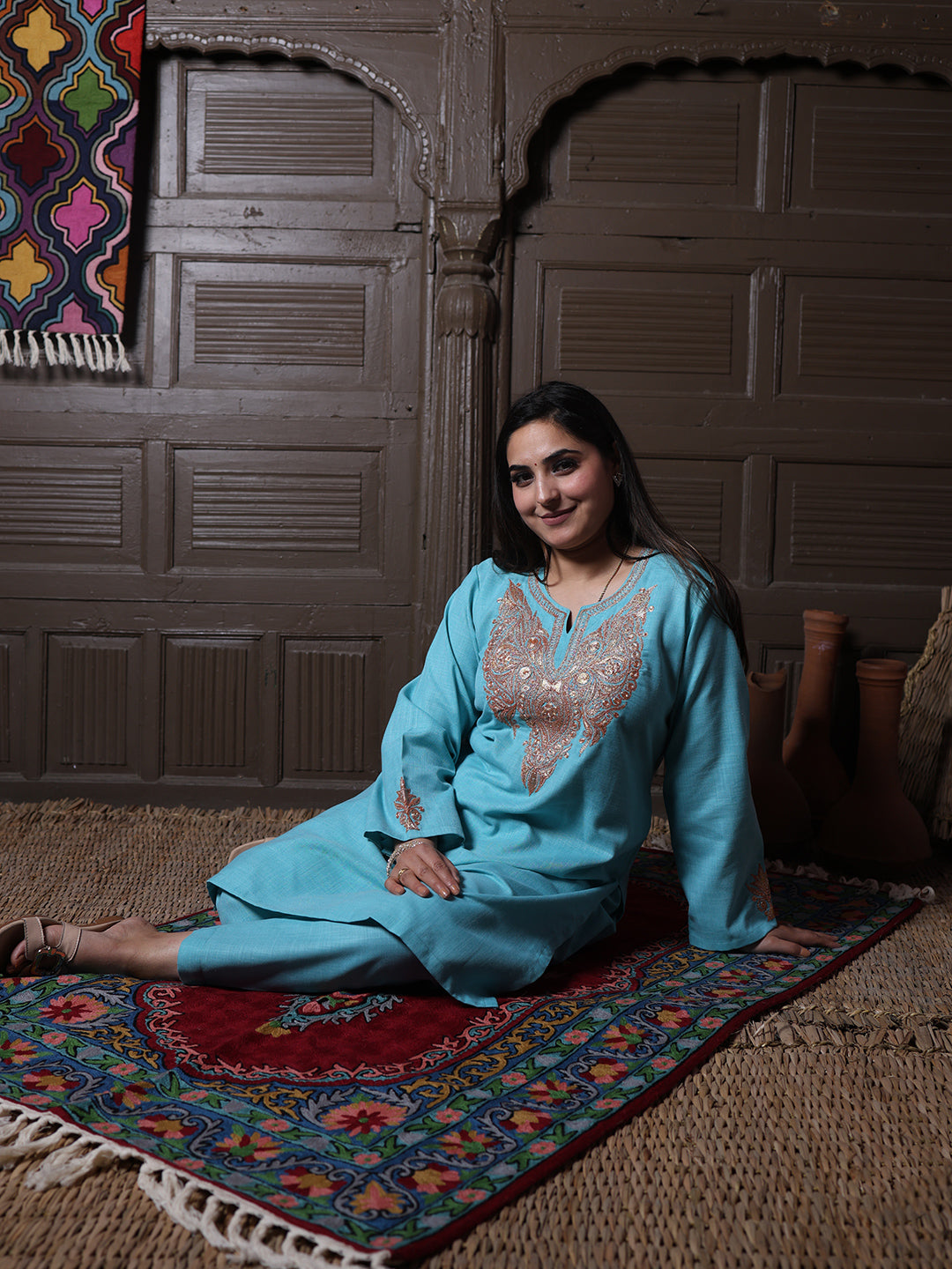 Sky Blue Golden Tilla Embroidered Kashmiri Cotton Co-Ord Set