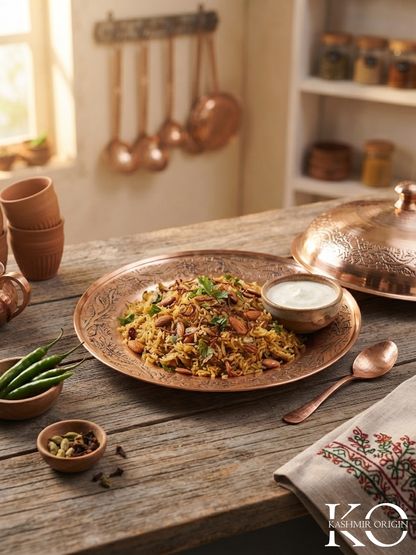 Chinar Motif Copper Rice Plate | Hand Engraved Kashmiri Copper Thali
