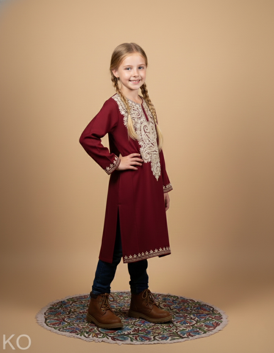Maroon Zari Embroidered Woolen Kids Pheran | Girls Pheran | Kids Wear