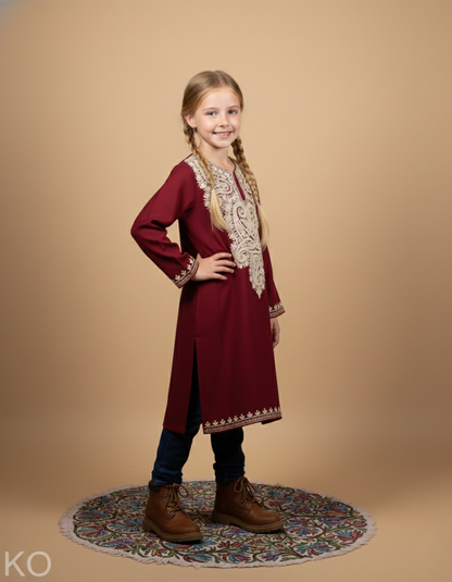 Maroon Zari Embroidered Woolen Kids Pheran | Girls Pheran | Kids Wear
