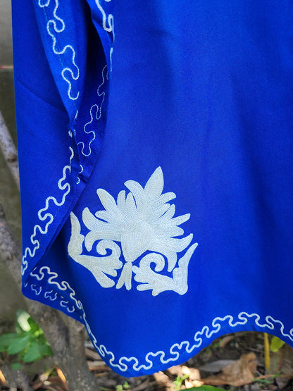 Royal Blue Kashmiri Rayon Cotton Kaftan with White Embroidery