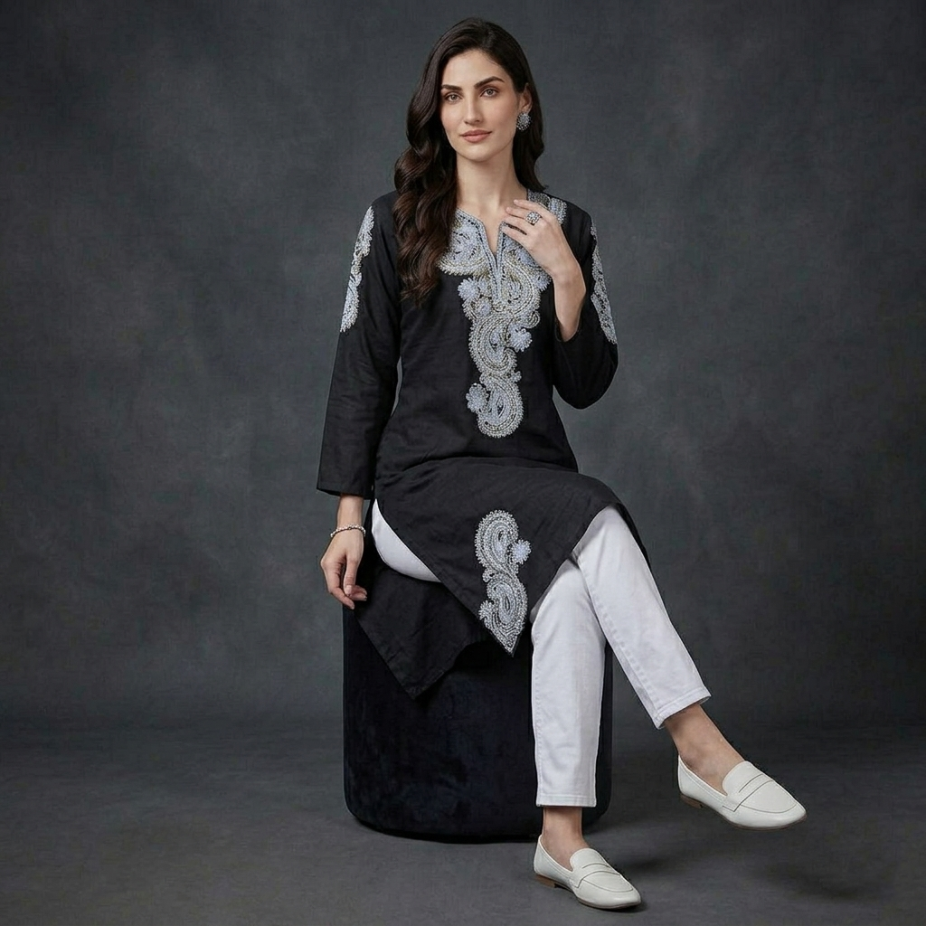 Black Aari and Zari Embroidered Cotton Kurti | Summer Kurti | Long kuti