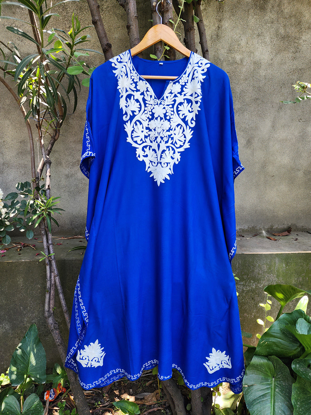Royal Blue Kashmiri Rayon Cotton Kaftan with White Embroidery