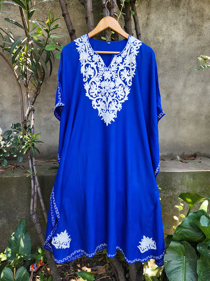 Royal Blue Kashmiri Rayon Cotton Kaftan with White Embroidery