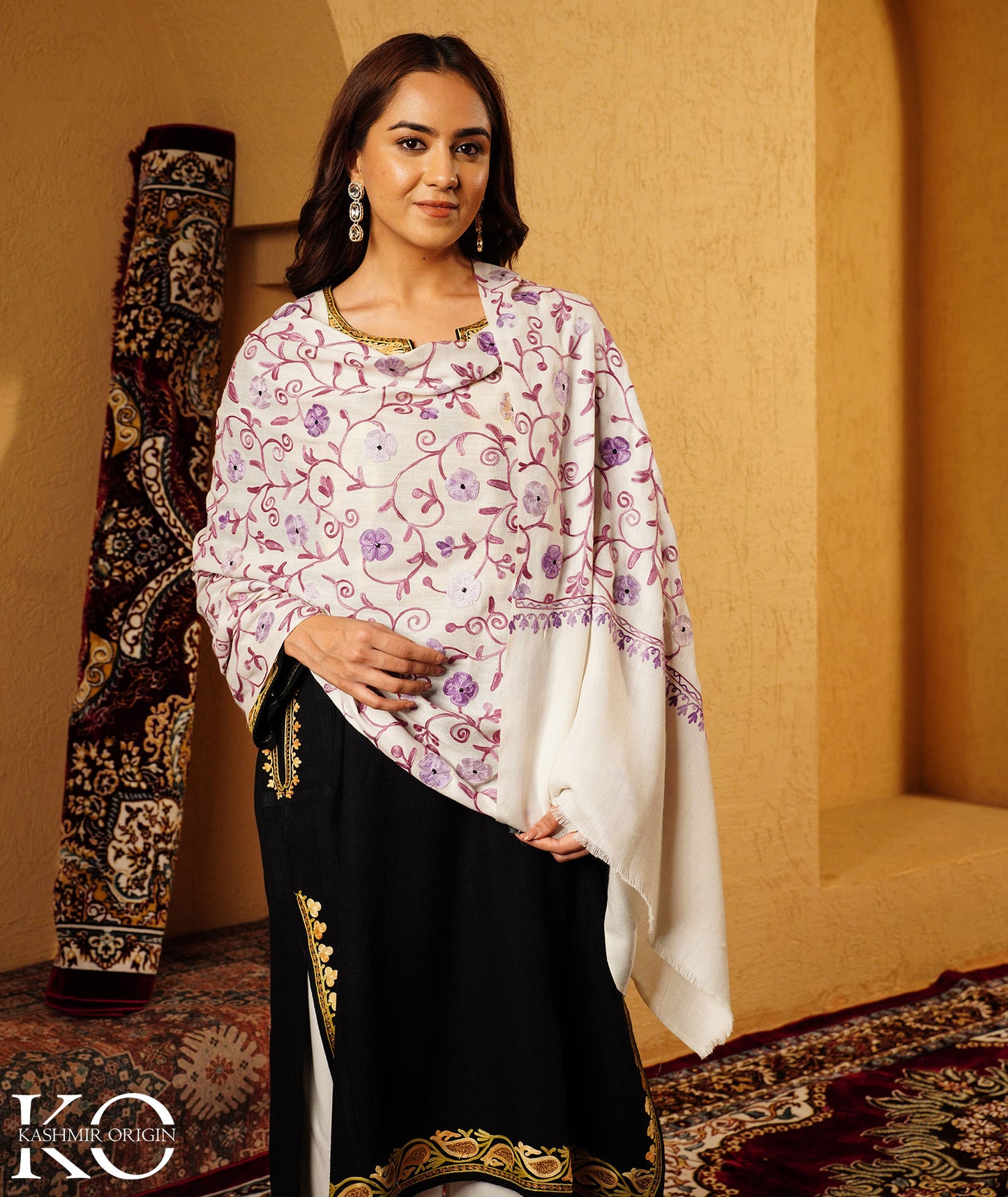 Off White Aari Embroidered Woolen Shawl