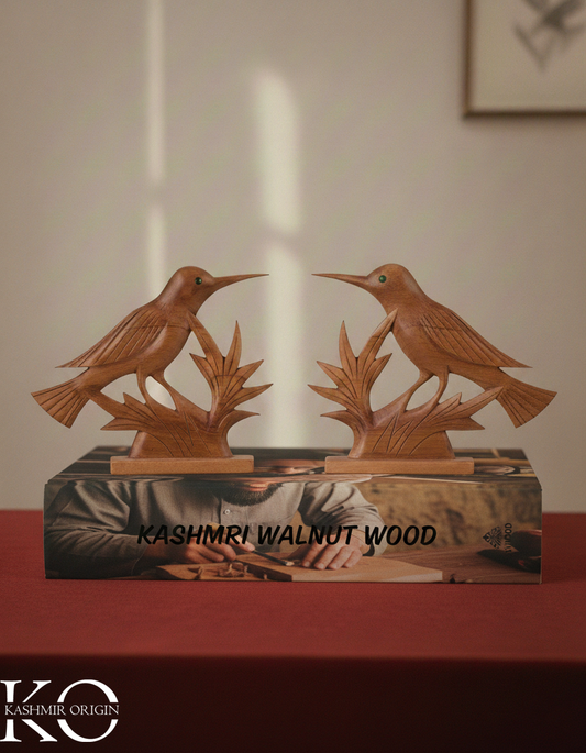 Walnut Wood Decorative Bird Pair | Bird Figurines | Table Accent | Shelf Decor | Hand Carved in kashmir | Hand Carved in kashmir
