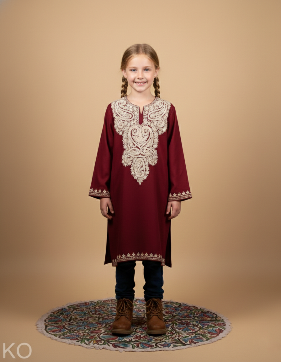 Maroon Zari Embroidered Woolen Kids Pheran | Girls Pheran | Kids Wear