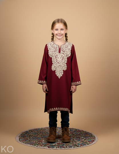 Maroon Zari Embroidered Woolen Kids Pheran | Girls Pheran | Kids Wear