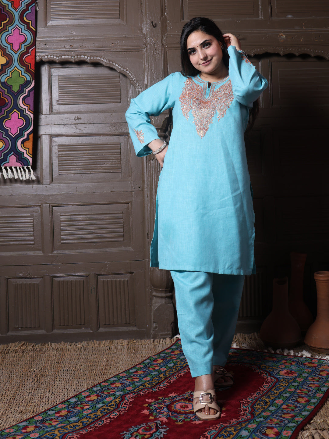 Sky Blue Golden Tilla Embroidered Kashmiri Cotton Co-Ord Set