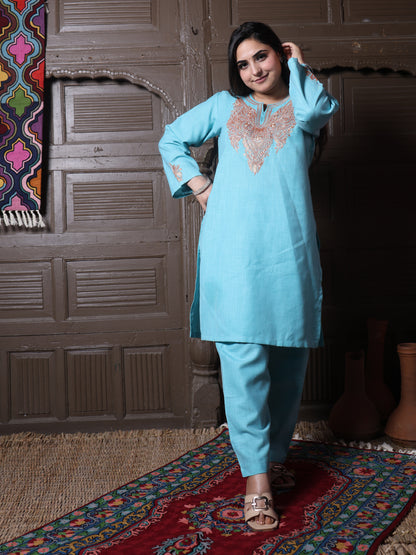 Sky Blue Golden Tilla Embroidered Kashmiri Cotton Co-Ord Set