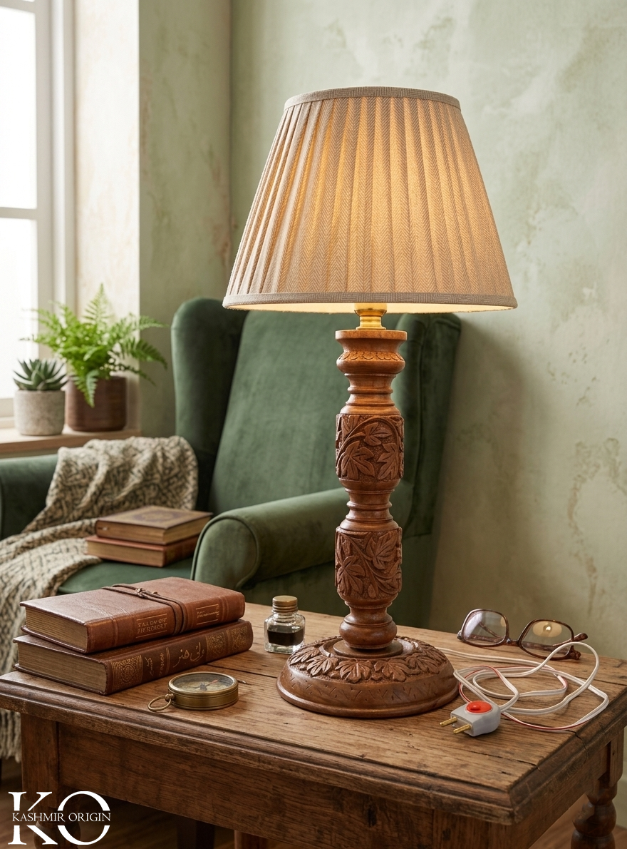 Kashmiri Handcrafted Walnut Wood Table Lamp (Without Shade)