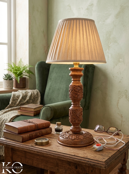 Kashmiri Handcrafted Walnut Wood Table Lamp (Without Shade)