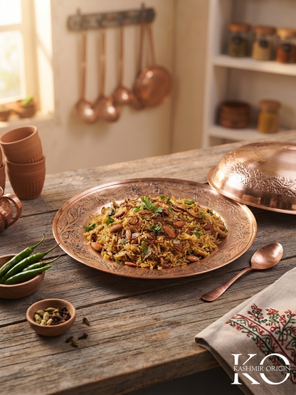 Chinar Motif Copper Rice Plate | Hand Engraved Kashmiri Copper Thali