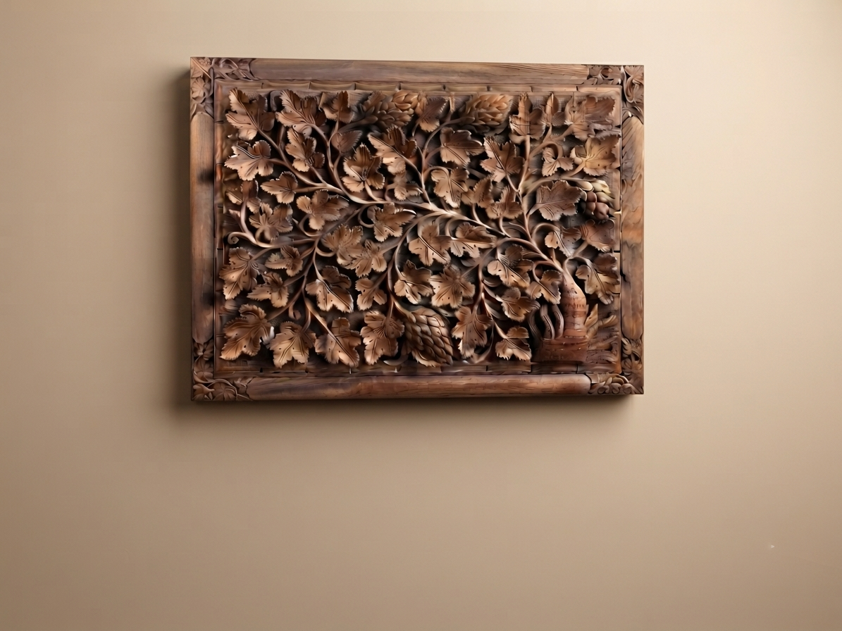 Tree & Leaves Intricate Design Hand Carved Walnut Wood Panel | Hand Carved In kashmir | Made By Award Winning Master Artisan