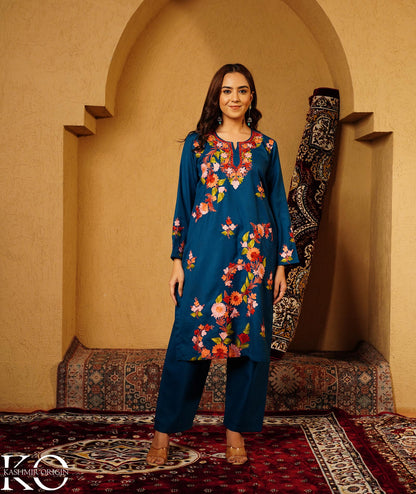 Midnight Blue Aari Embroidered Woolen Suit With Shawl