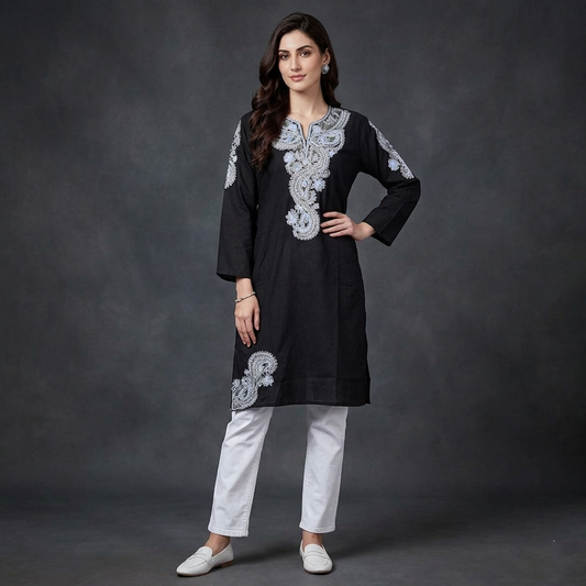 Black Aari and Zari Embroidered Cotton Kurti | Summer Kurti | Long kuti