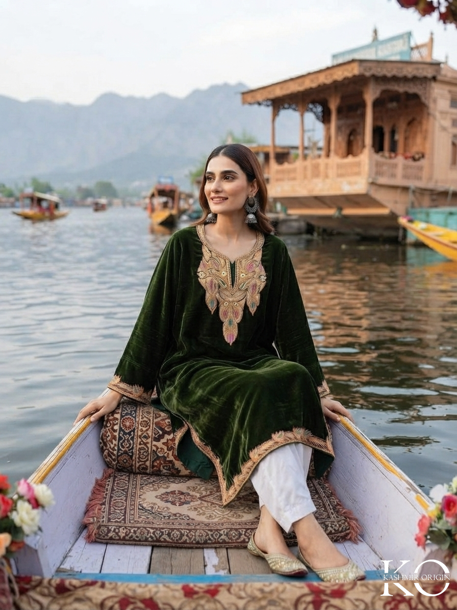 Green velvet Tilla pheran – front view – Kashmir Origin