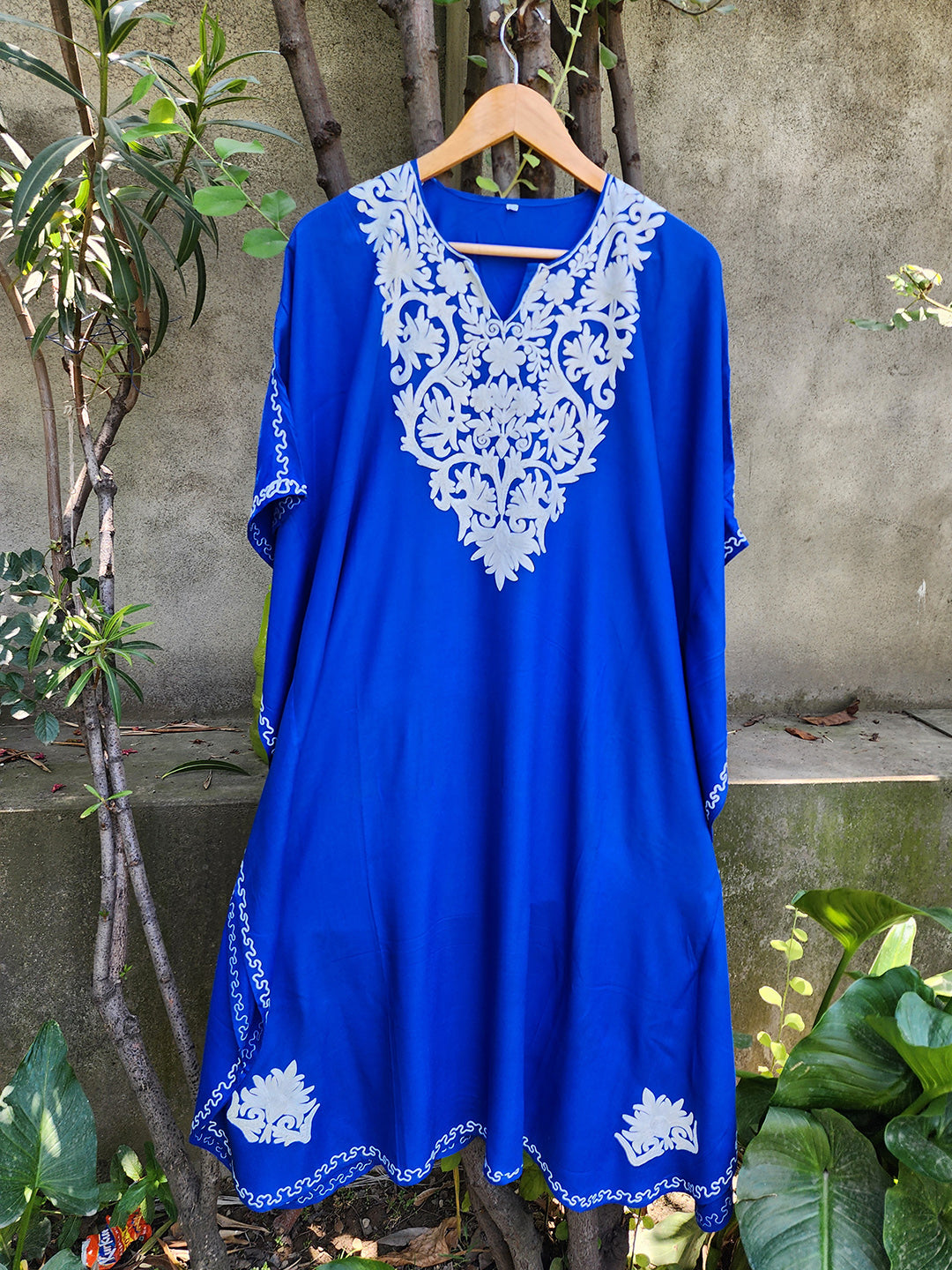 Royal Blue Kashmiri Rayon Cotton Kaftan with White Embroidery