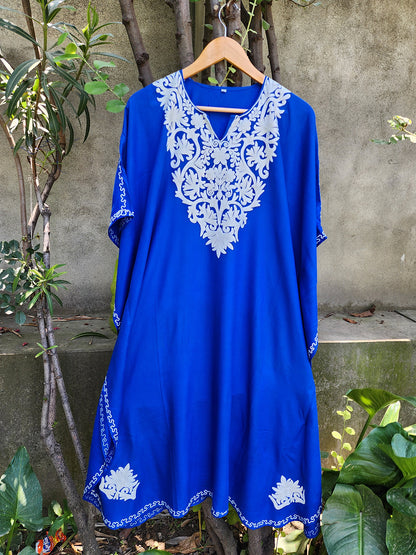 Royal Blue Kashmiri Rayon Cotton Kaftan with White Embroidery