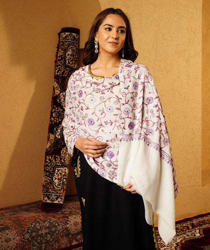Off White Aari Embroidered Woolen Shawl