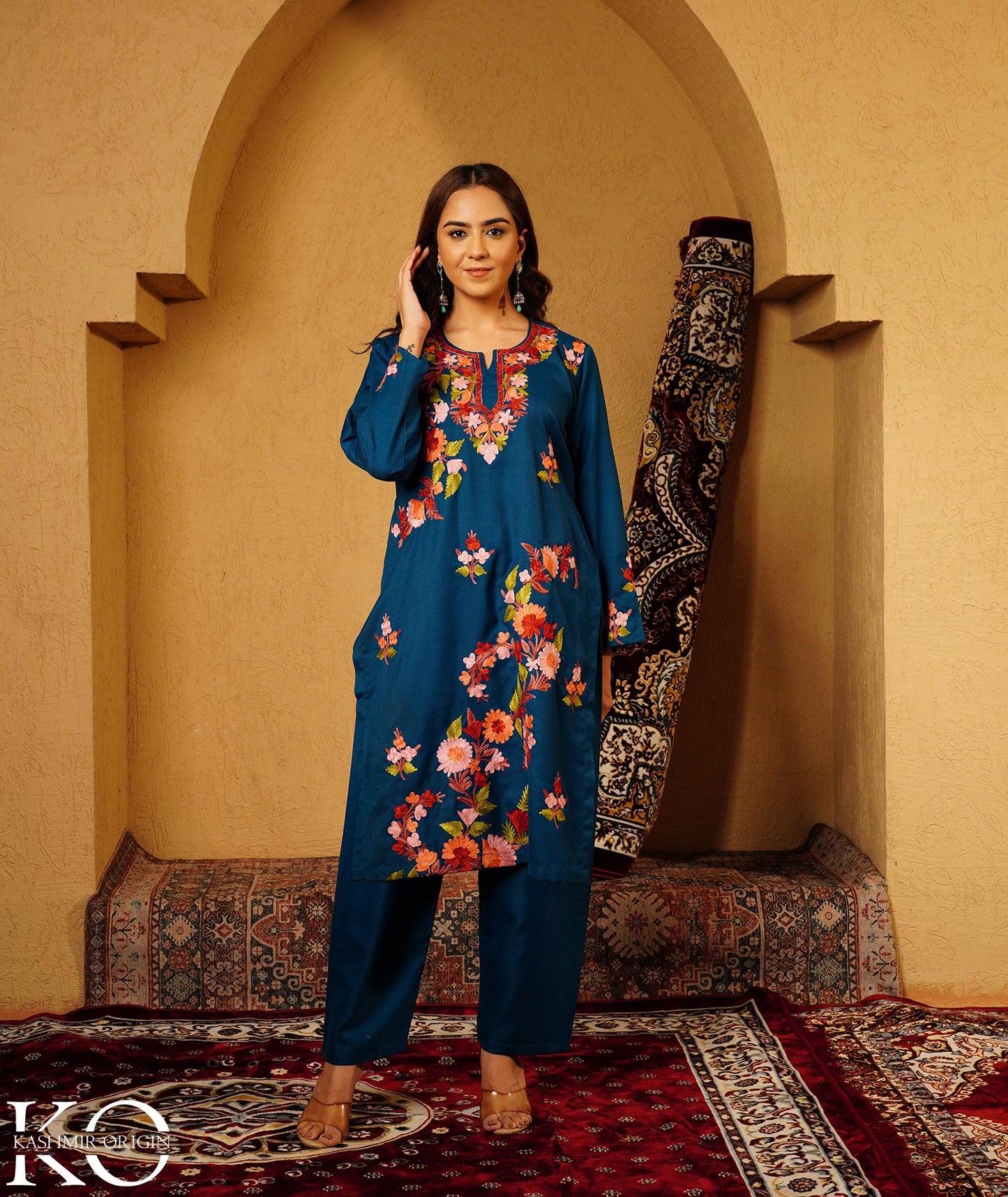 Midnight Blue Aari Embroidered Woolen Suit With Shawl