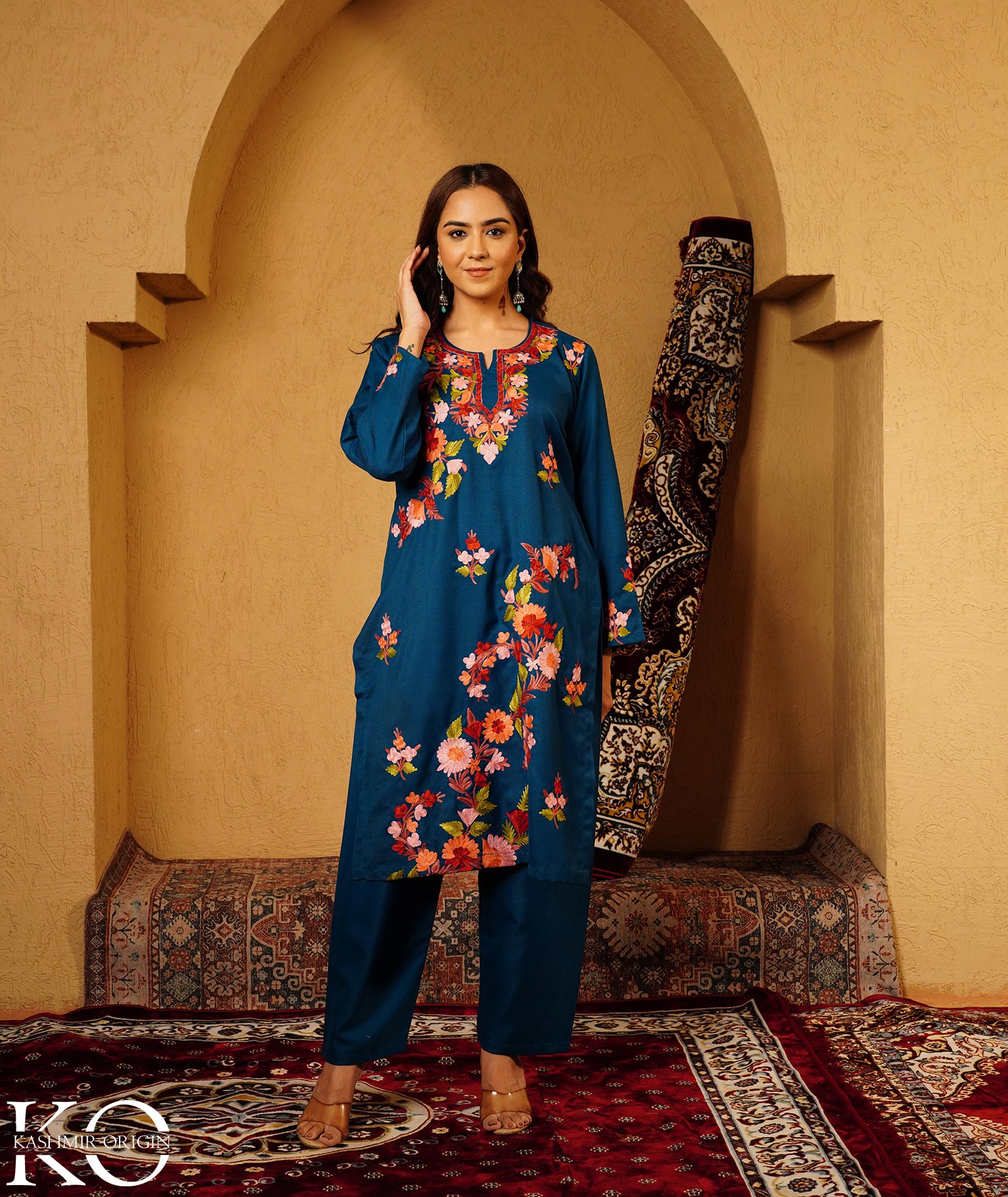 Midnight Blue Aari Embroidered Woolen Suit With Shawl