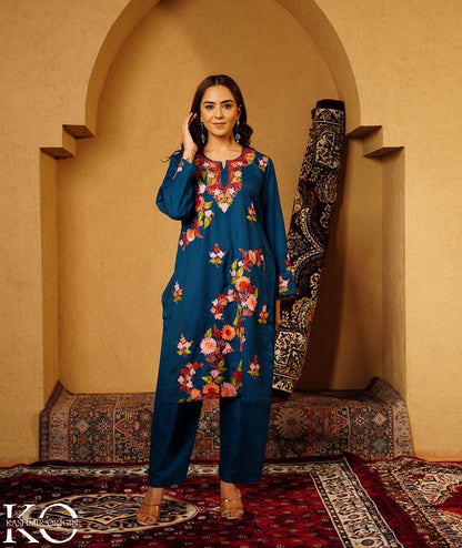 Midnight Blue Aari Embroidered Woolen Suit With Shawl