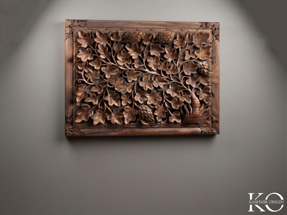 Tree & Leaves Intricate Design Hand Carved Walnut Wood Panel | Hand Carved In kashmir | Made By Award Winning Master Artisan