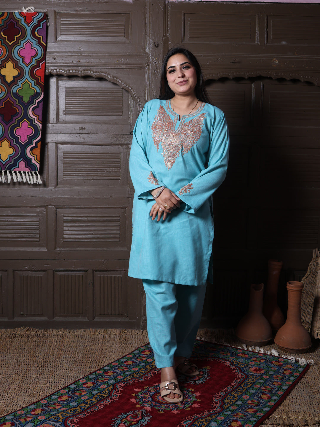 Sky Blue Golden Tilla Embroidered Kashmiri Cotton Co-Ord Set