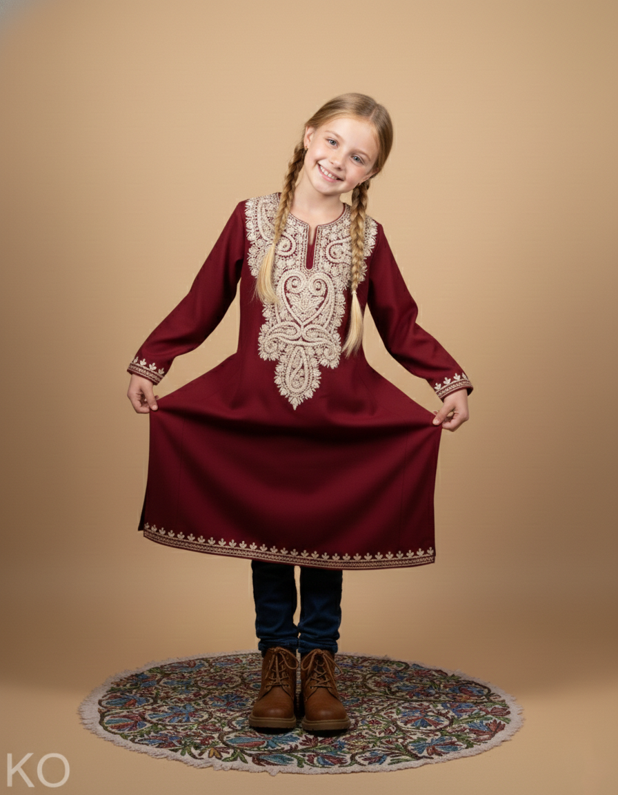 Maroon Zari Embroidered Woolen Kids Pheran | Girls Pheran | Kids Wear