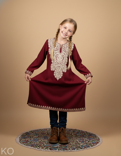 Maroon Zari Embroidered Woolen Kids Pheran | Girls Pheran | Kids Wear