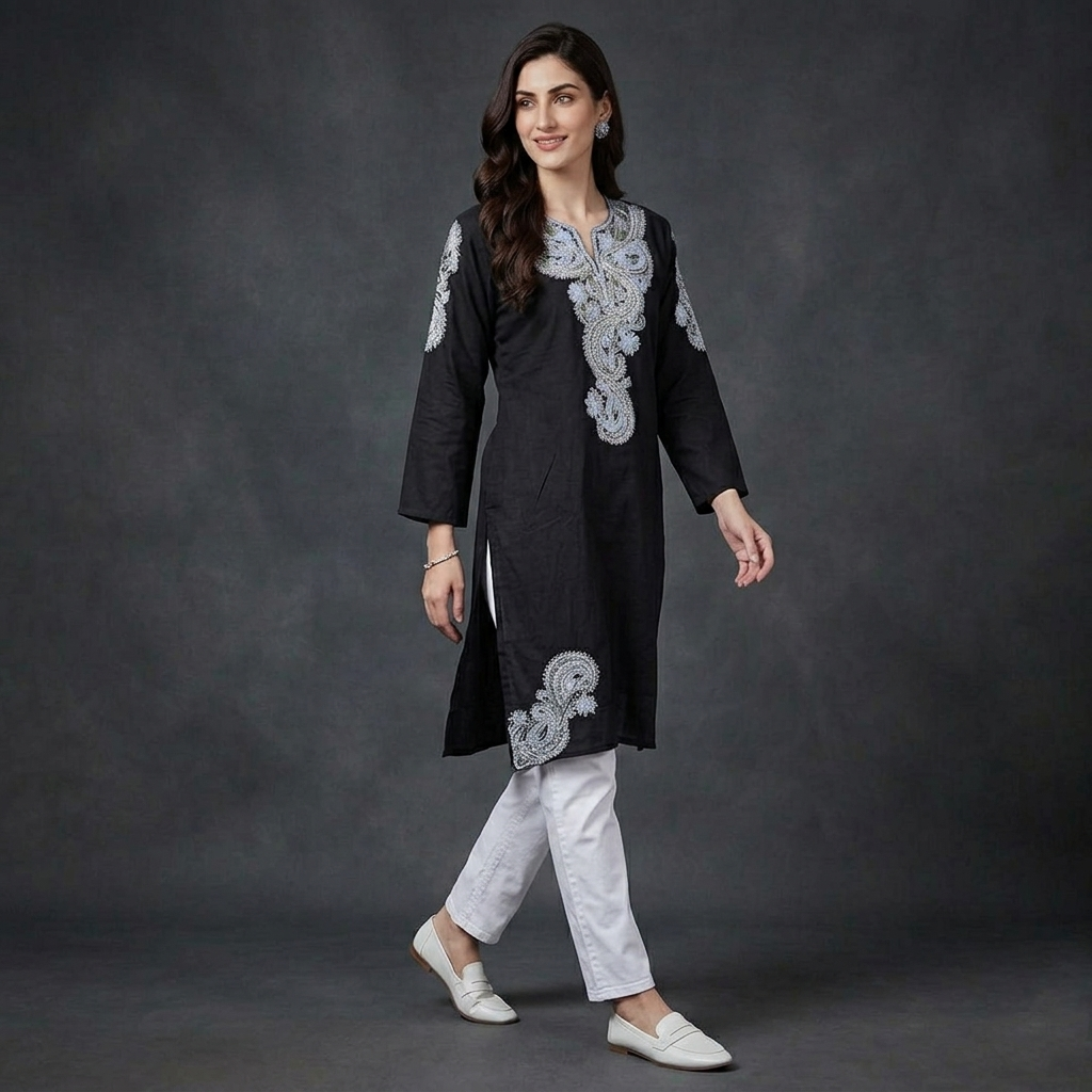 Black Aari and Zari Embroidered Cotton Kurti | Summer Kurti | Long kuti