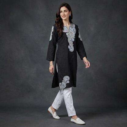 Black Aari and Zari Embroidered Cotton Kurti | Summer Kurti | Long kuti
