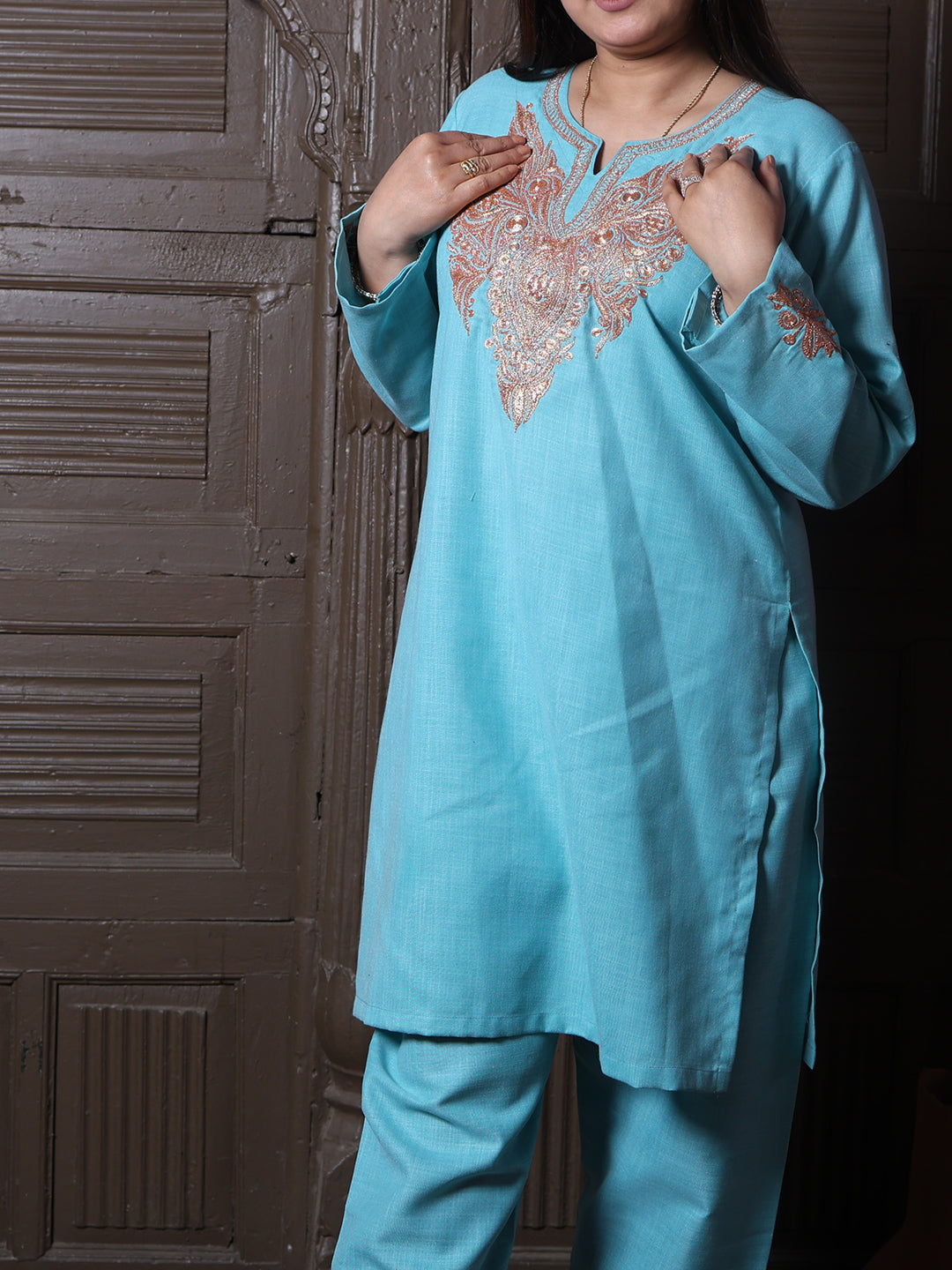 Sky Blue Golden Tilla Embroidered Kashmiri Cotton Co-Ord Set