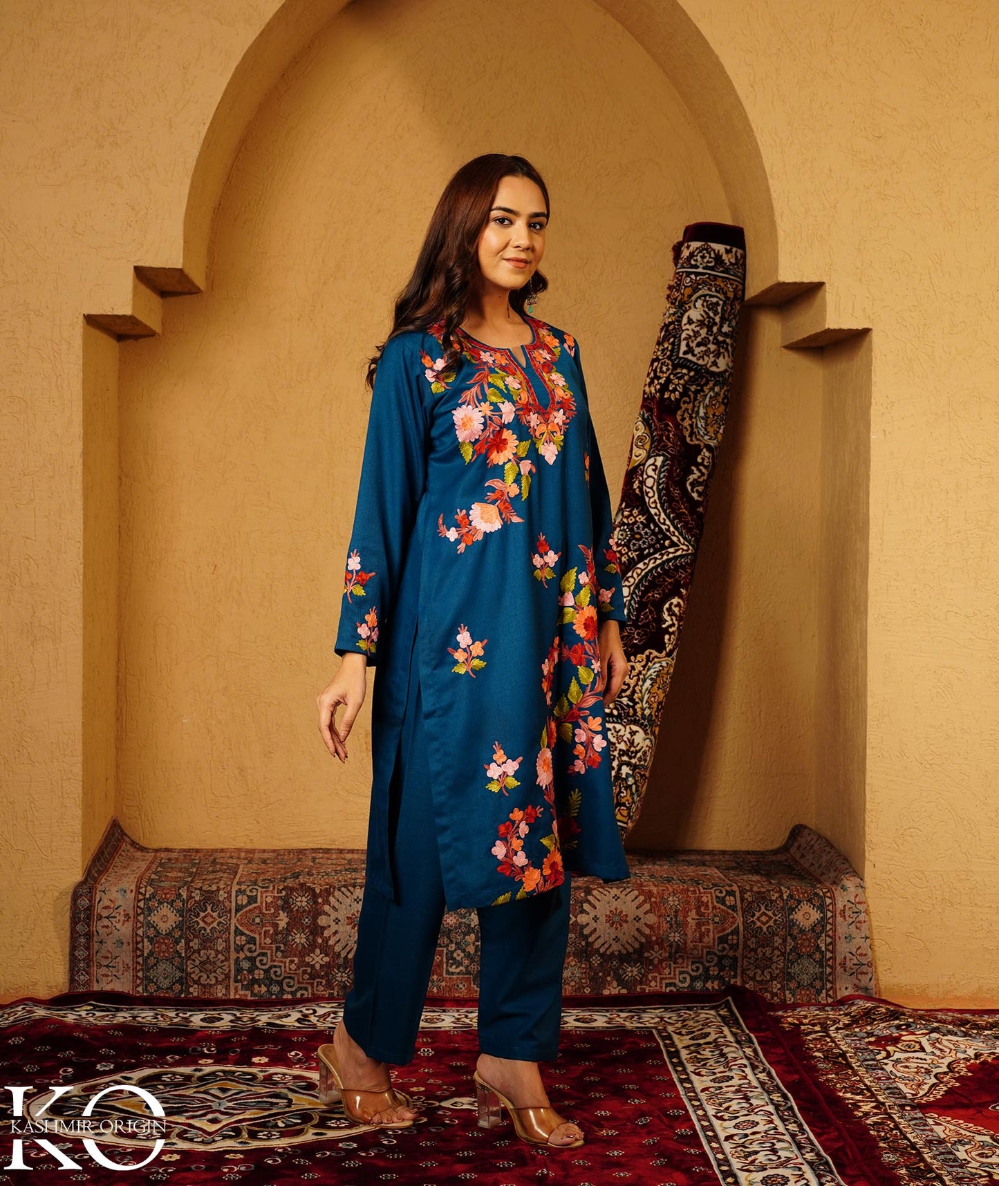 Midnight Blue Aari Embroidered Woolen Suit With Shawl