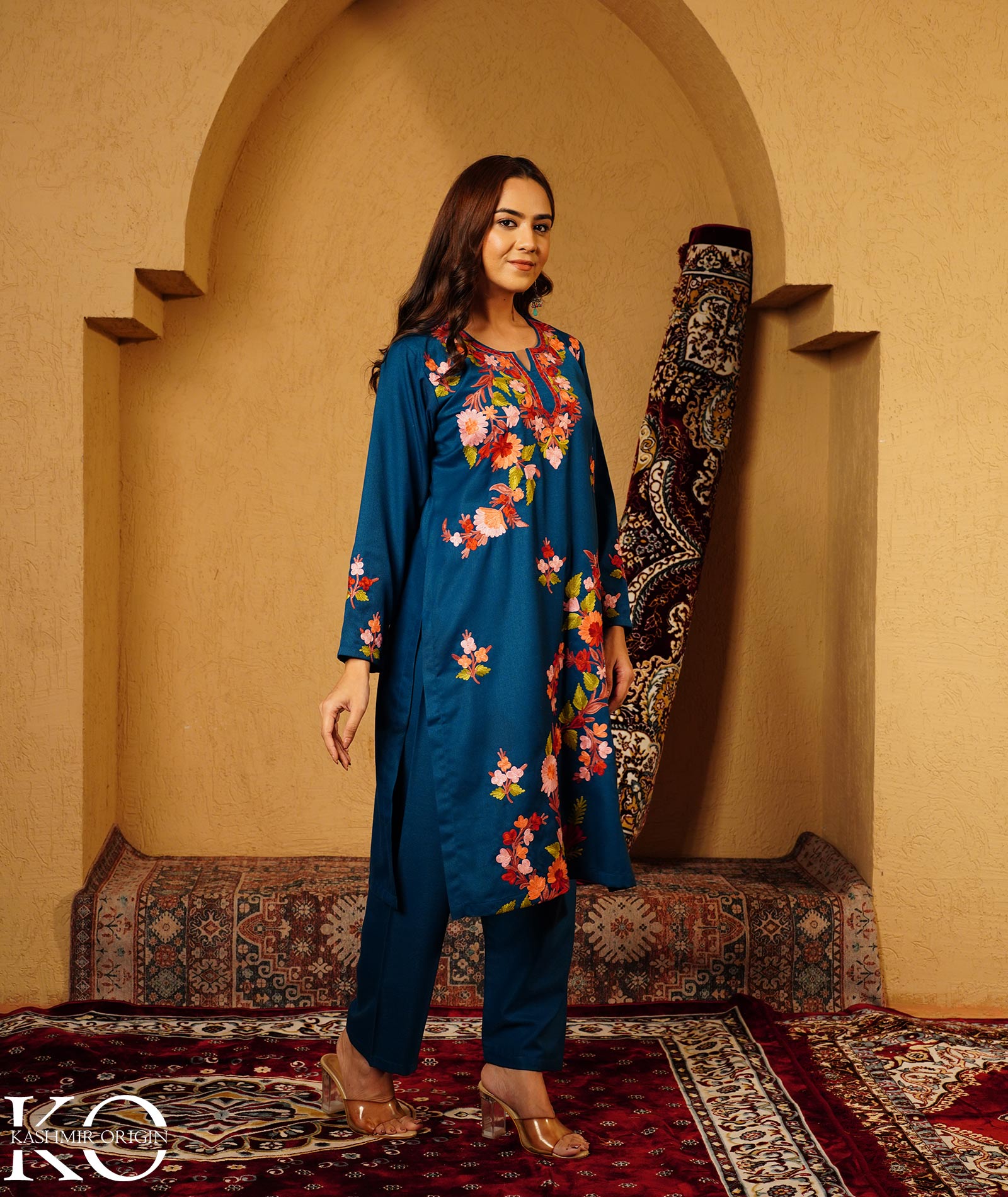 Midnight Blue Aari Embroidered Woolen Suit With Shawl
