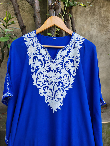 Royal Blue Kashmiri Rayon Cotton Kaftan with White Embroidery