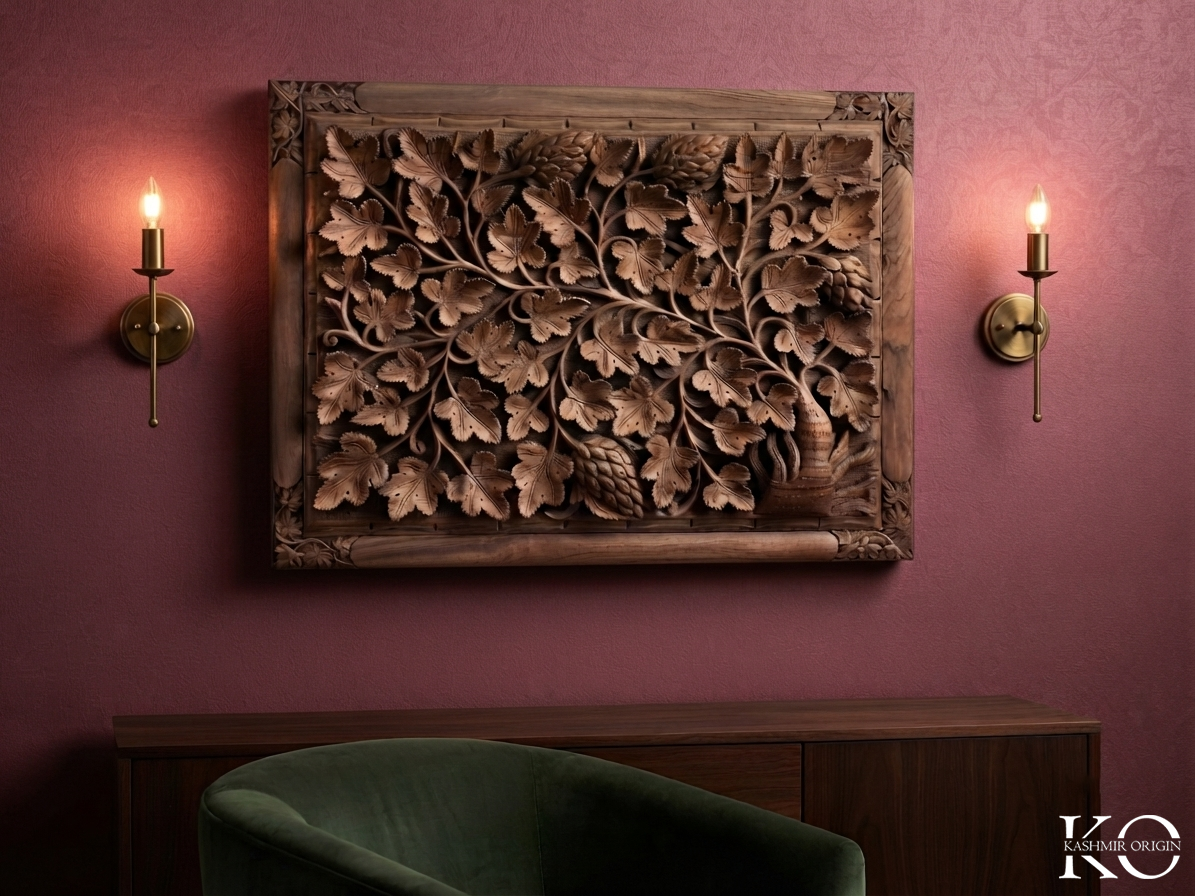 Tree & Leaves Intricate Design Hand Carved Walnut Wood Panel | Hand Carved In kashmir | Made By Award Winning Master Artisan