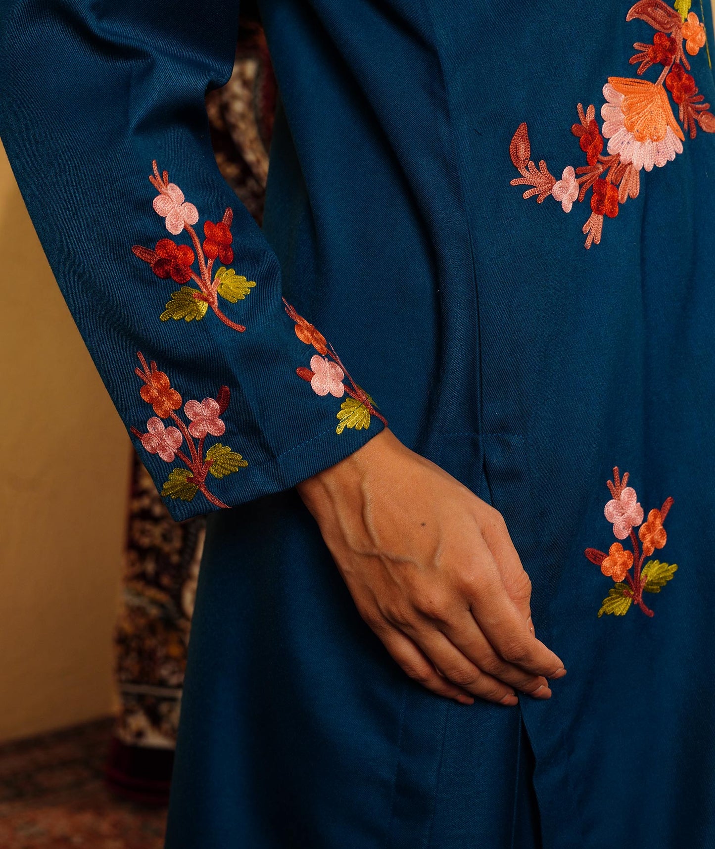 Midnight Blue Aari Embroidered Woolen Suit With Shawl