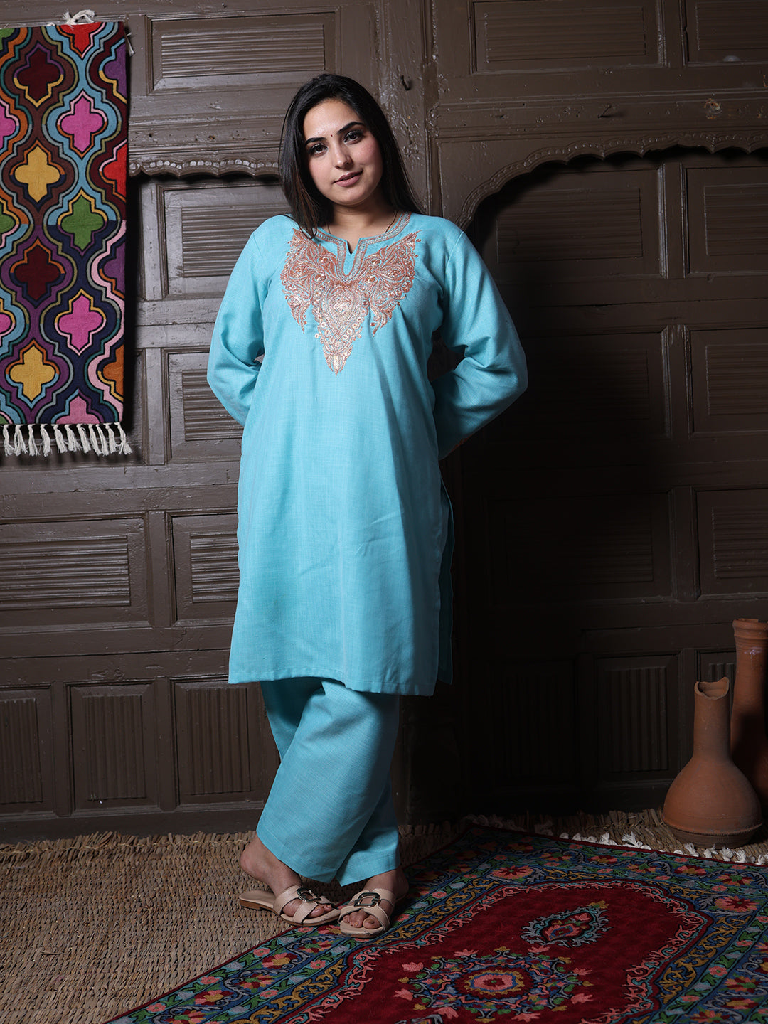 Sky Blue Golden Tilla Embroidered Kashmiri Cotton Co-Ord Set