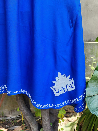 Royal Blue Kashmiri Rayon Cotton Kaftan with White Embroidery