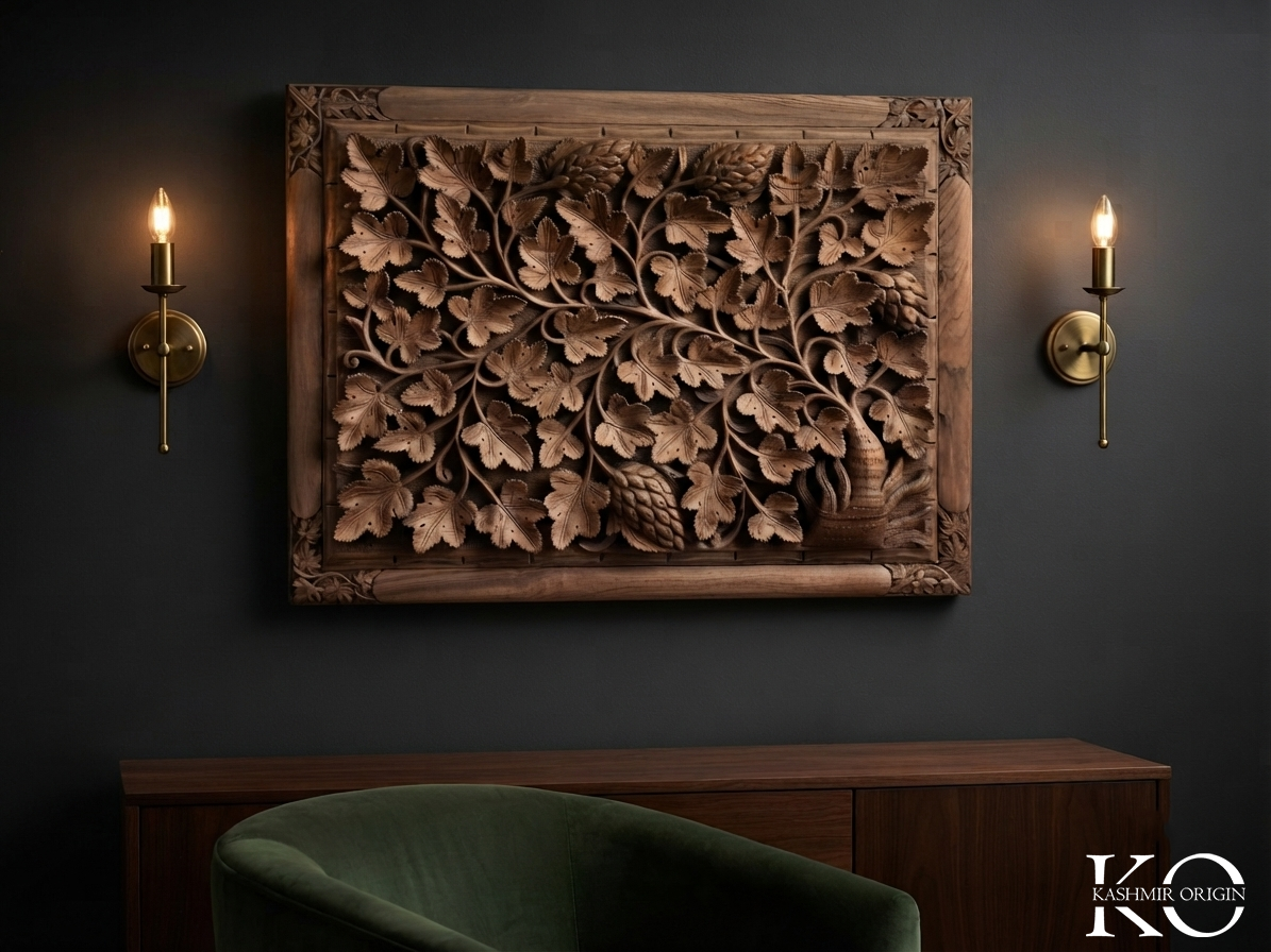 Tree & Leaves Intricate Design Hand Carved Walnut Wood Panel | Hand Carved In kashmir | Made By Award Winning Master Artisan