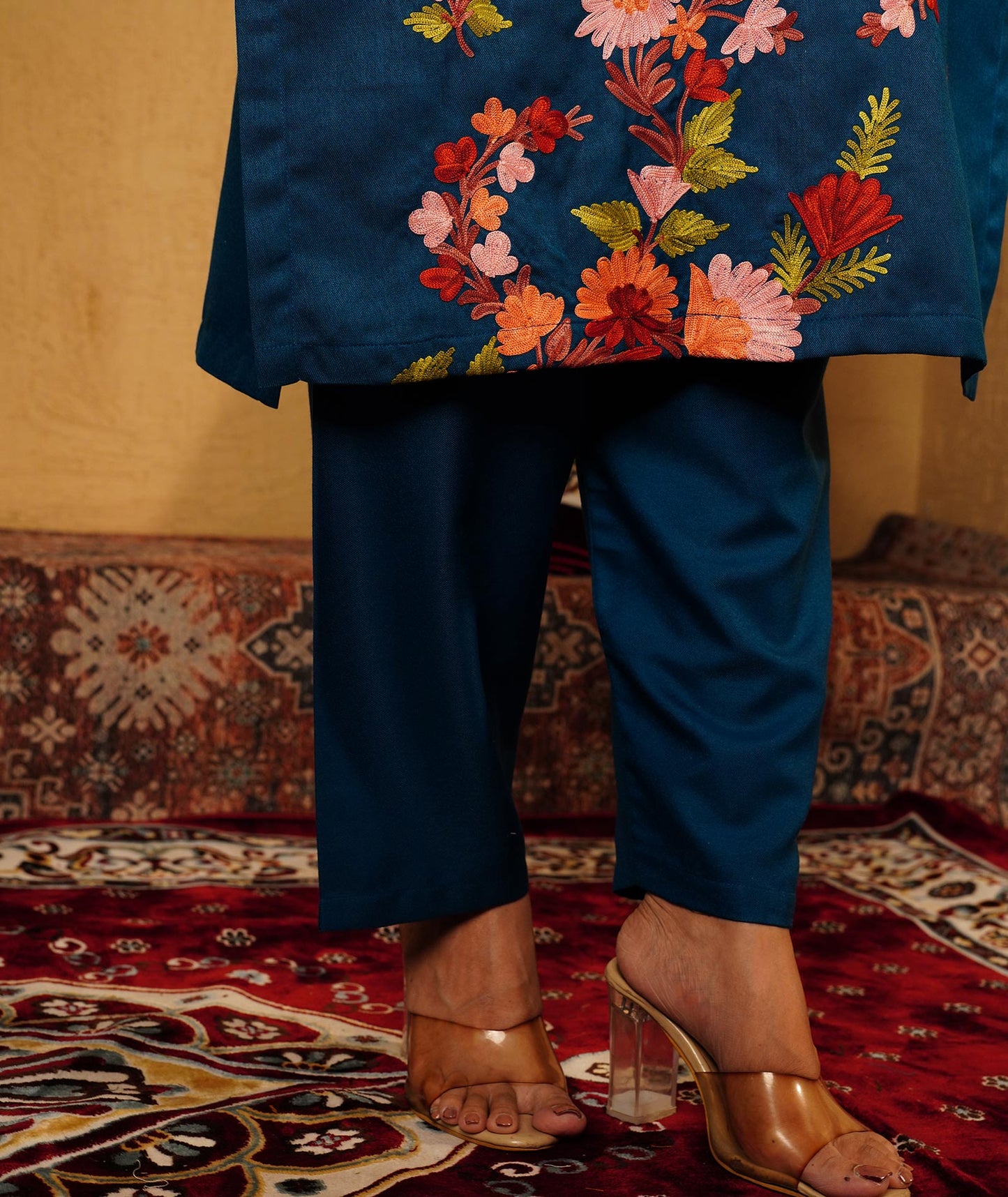 Midnight Blue Aari Embroidered Woolen Suit With Shawl