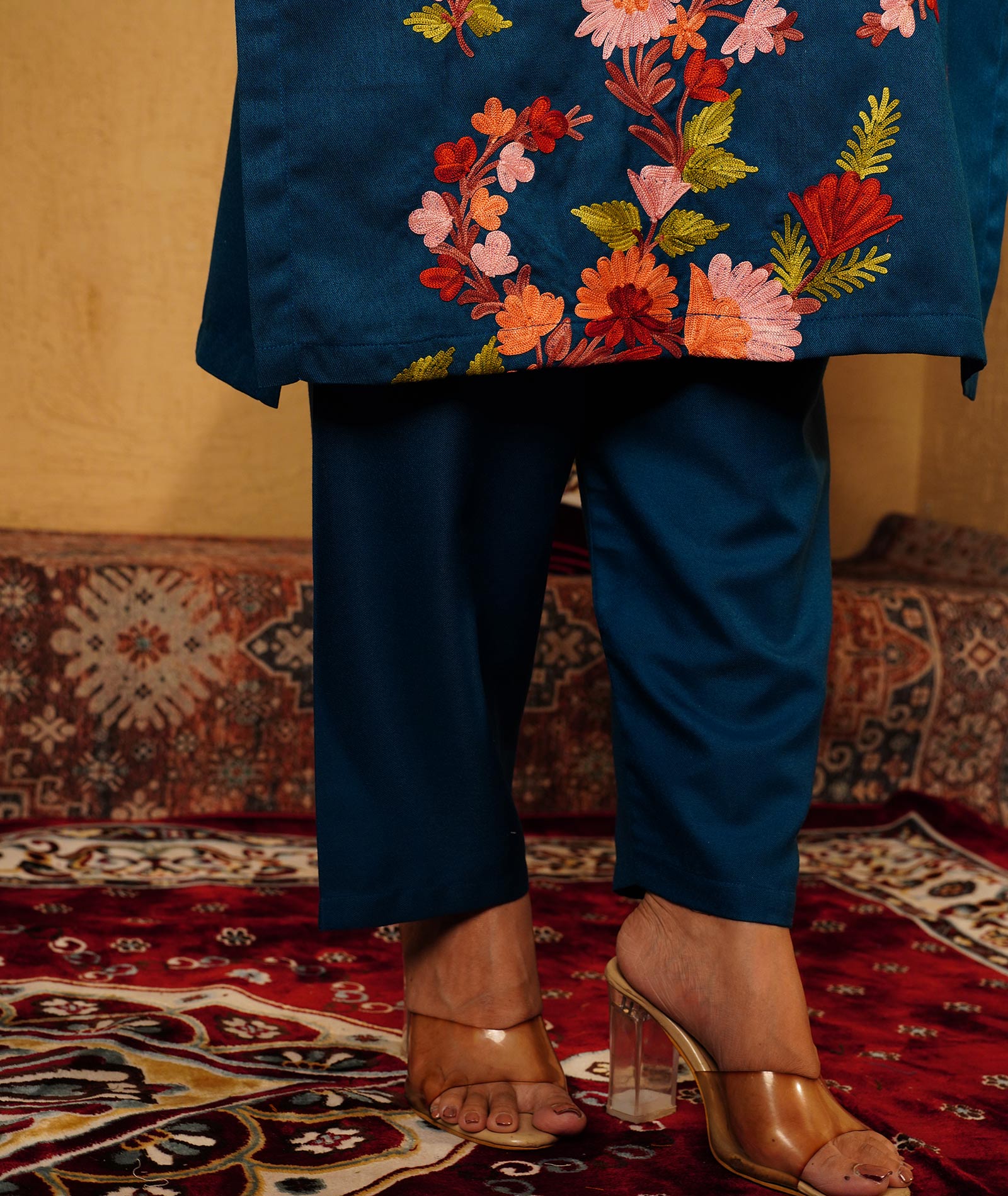 Midnight Blue Aari Embroidered Woolen Suit With Shawl