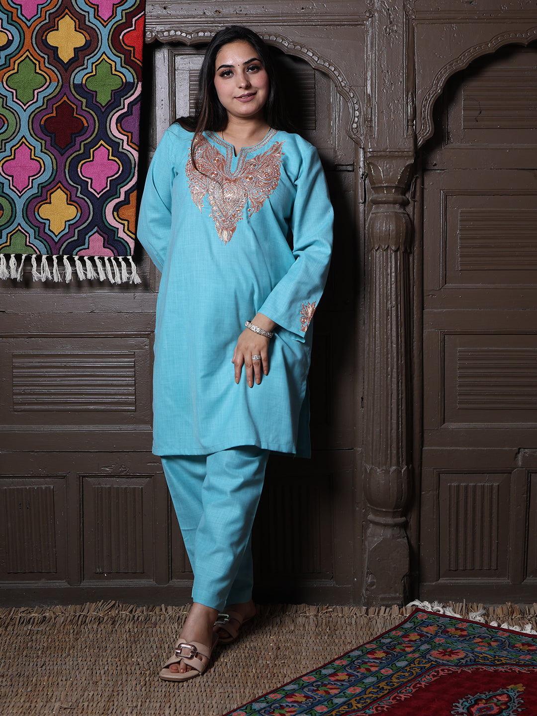 Sky Blue Golden Tilla Embroidered Kashmiri Cotton Co-Ord Set