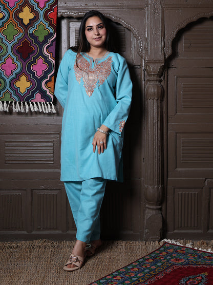 Sky Blue Golden Tilla Embroidered Kashmiri Cotton Co-Ord Set