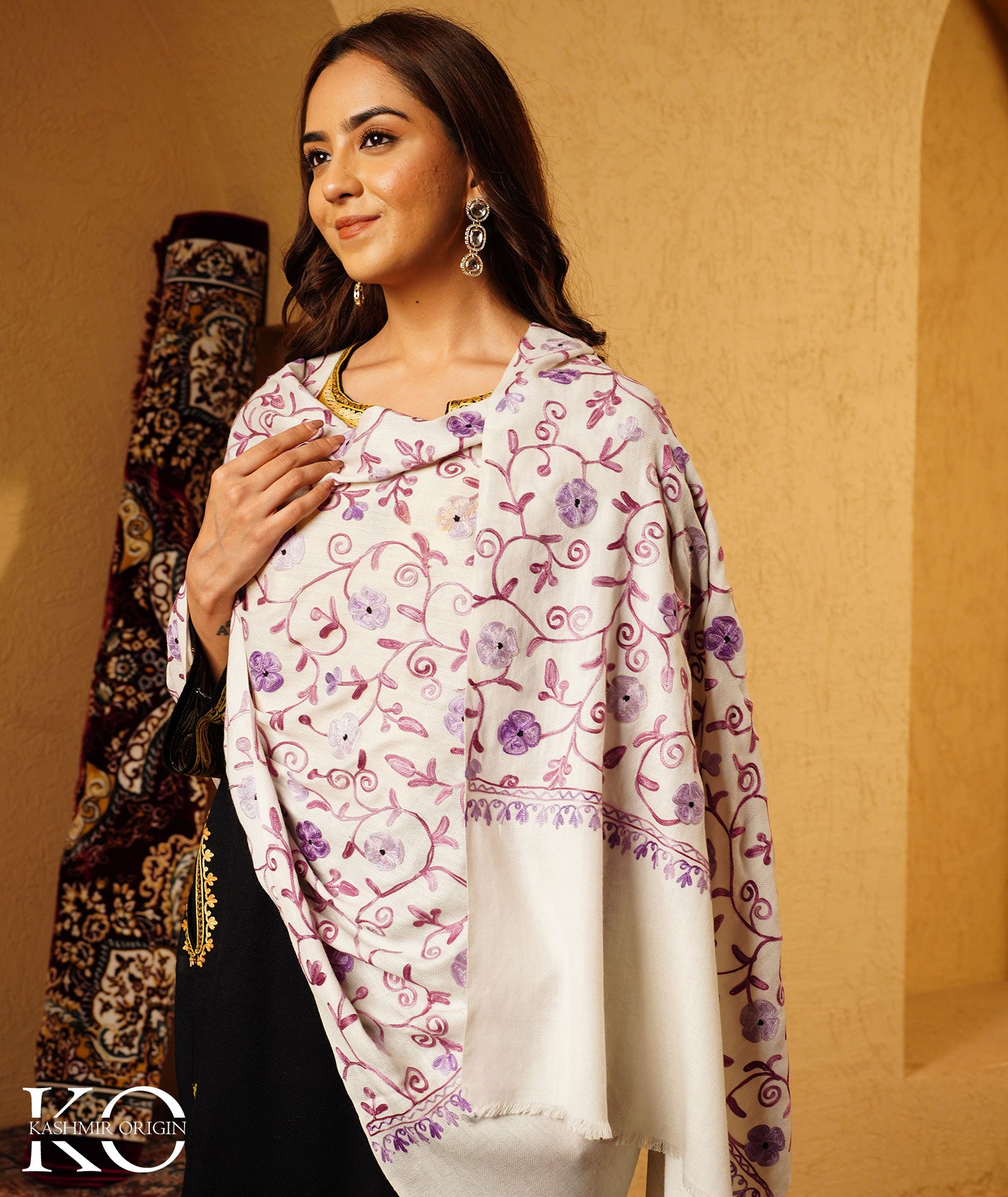 Off White Aari Embroidered Woolen Shawl