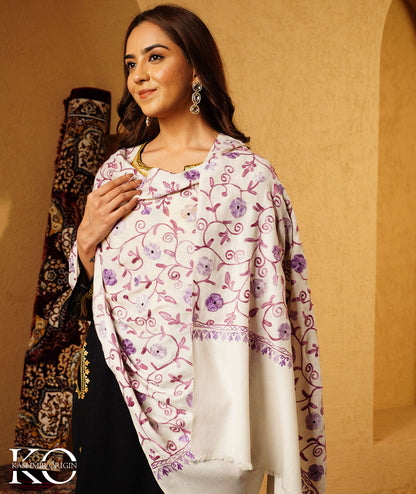 Off White Aari Embroidered Woolen Shawl