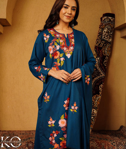 Midnight Blue Aari Embroidered Woolen Suit With Shawl